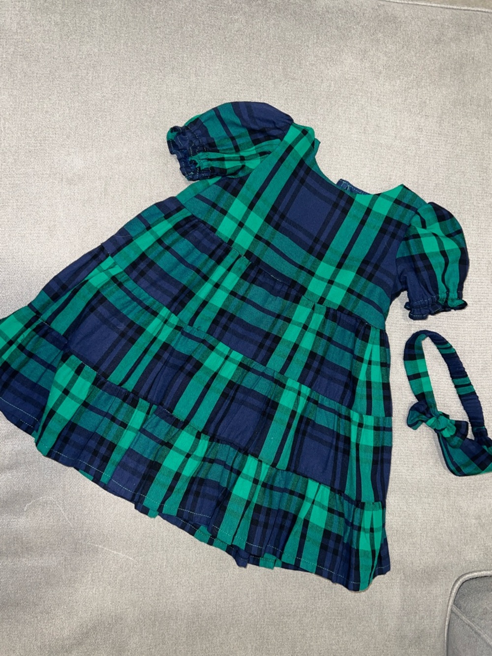 btween Green and Navy Plaid Tiered Dress with Matching Headband